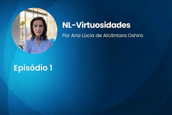 Fundo azul, com a foto de Ana Lúcia, Podcast NL- Virtuosidades Episódio 1