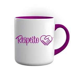 Caneca branca com alça e interior na cor fucsia e a palavra Respeito com o símbolo ao lado.