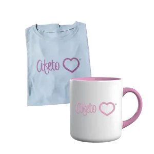 Camiseta branca escrito afeto em rosa, caneca branca com o texto, o cabo e dentro da caneca na cor rosa.